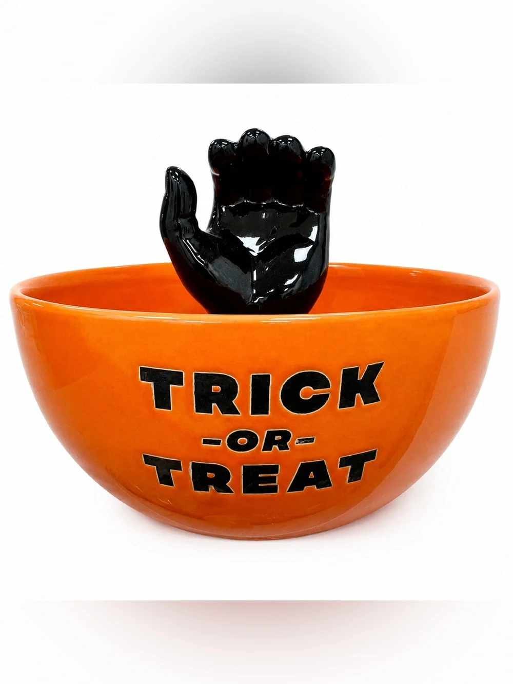 New Halloween Trick or Treat Ceramic Candy Bowl with Black Hand